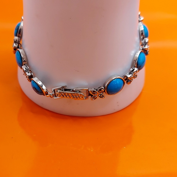 Stabilized‎ Round Turquoise 8mm & Marcasite 925 Sterling Silver Bracelet 7" - Picture 4 of 9